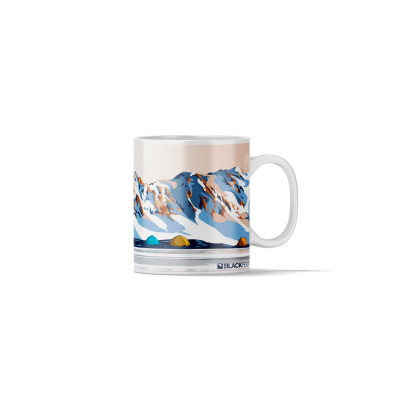 Coffee mug with an illustration depicting colorful tents during a bivouac in front of Mont Blanc.