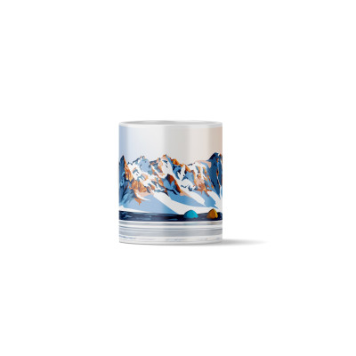 Coffee mug with an illustration depicting colorful tents during a bivouac in front of Mont Blanc.