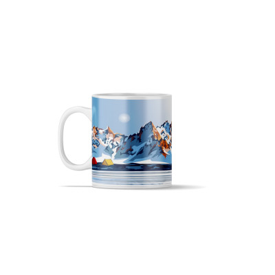 Coffee mug with an illustration depicting colorful tents during a bivouac in front of Mont Blanc.