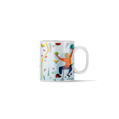 Tazza da caffè con un’illustrazione che raffigura un climber e una climber mentre scalano una parete da arrampicata.