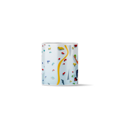 Coffee mug with an illustration depicting a male climber and a female climber scaling a climbing wall.