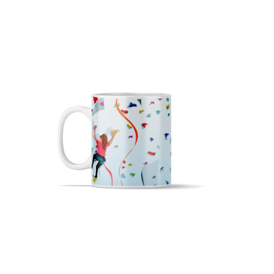 Kaffeetasse mit einer Illustration, die einen Kletterer und eine Kletterin beim Erklimmen einer Kletterwand zeigt.
