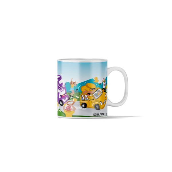 Mug à café avec une illustration très colorée des caravanes lors du Tour de France de vélo.