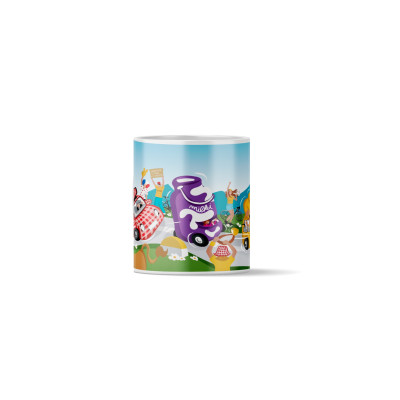 Tazza da caffè con un’illustrazione molto colorata delle carovane durante il Tour de France di ciclismo.