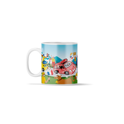 Mug à café avec une illustration très colorée des caravanes lors du Tour de France de vélo.