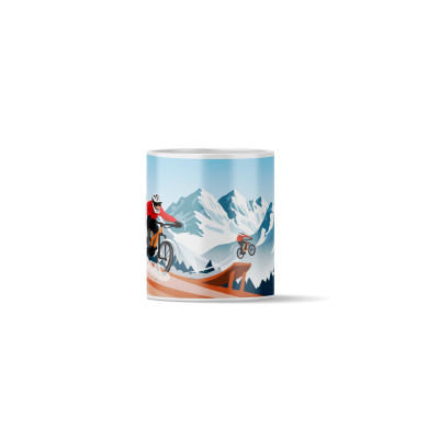 Coffee mug with an illustration of a mountain bike jump in the mountains, featuring orange, blue, and red tones.