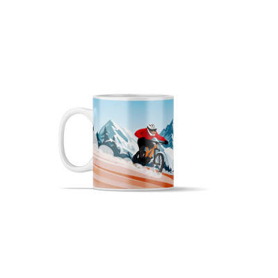 Kaffeetasse mit einer Illustration eines Mountainbike-Sprungs in den Bergen in orangefarbenen, blauen und roten Tönen.