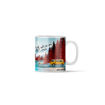 Coffee mug with a colorful illustration depicting a fisherman in front of a lake, with mountains and a van in the background.