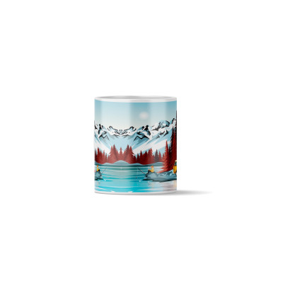 Kaffeetasse mit einer farbenfrohen Illustration, die einen Fischer vor einem See zeigt, mit Bergen und einem Van im Hintergrund.