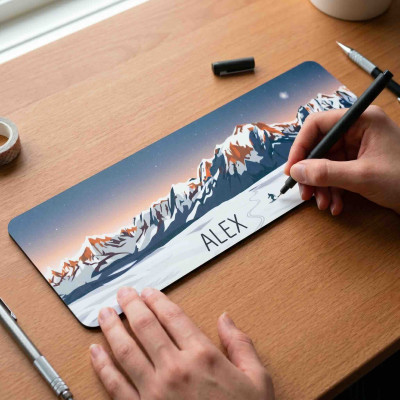 Artwork depicting the Mont Blanc mountain range being personalized by adding a first name.