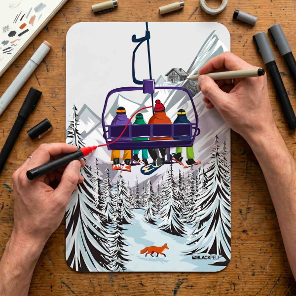 Artwork depicting a family on a ski lift in the mountains, being customized with markers.