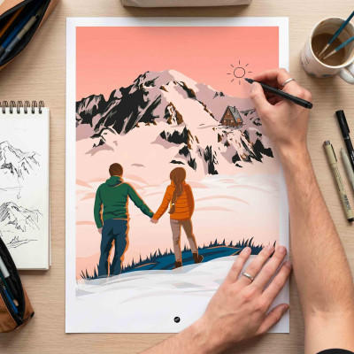 Affiche représentant des amoureux devant le Mont-Blanc, avec les mains d’une personne en train de personnaliser l’affiche.