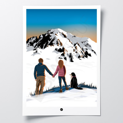 Affiche représentant des amoureux devant le Mont-Blanc avec un chien. Affiche montagne entièrement personnalisable.