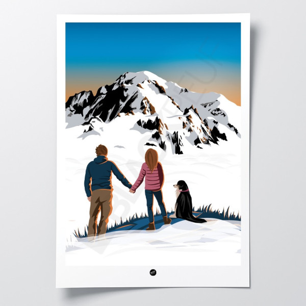 Poster depicting a couple in love in front of Mont Blanc with a dog. Fully customizable mountain poster.