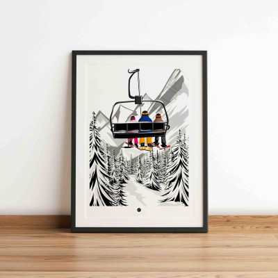 Poster depicting a family on a chairlift in the mountains. Fully customizable mountain poster.