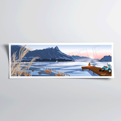 Poster depicting a woman with a motorcycle on a dock by a lakeside. Fully customizable mountain poster.