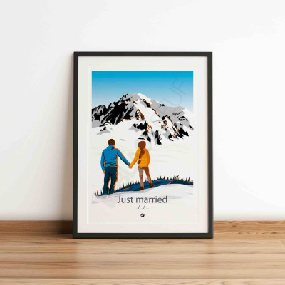 Poster depicting a couple in love in front of Mont Blanc with their wedding date. Fully customizable mountain poster.