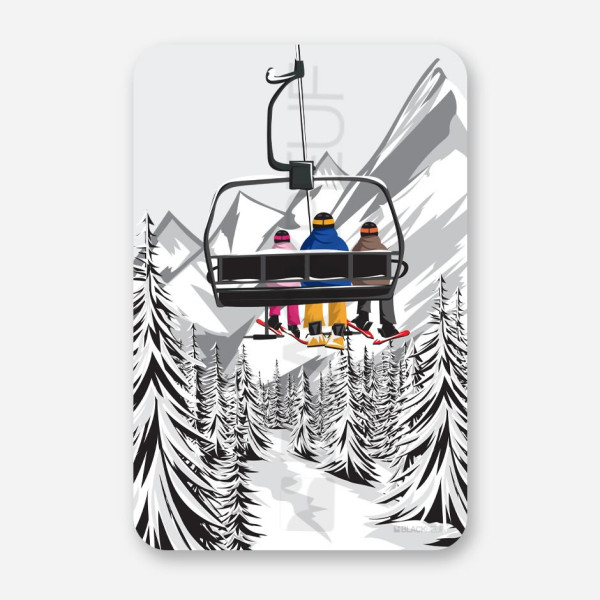 Rechteckiges Bild mit einer Familie auf einem Sessellift in den Bergen. Vollständig personalisierbares Bergbild.