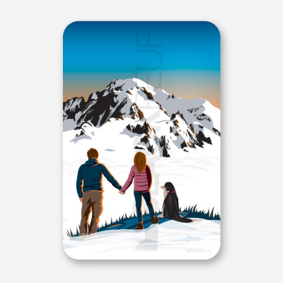 Rechteckiges Bild mit einem verliebten Paar vor dem Mont Blanc mit einem Hund. Vollständig personalisierbares Bergbild.