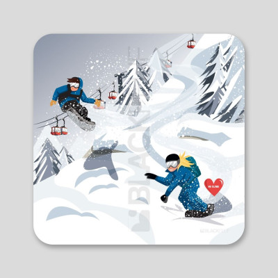Quadratisches Bild mit einem Snowboarder-Paar auf der Abfahrt. Vollständig personalisierbares Bergbild.