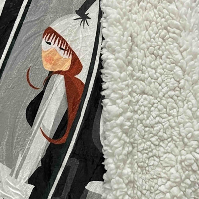 XL white throw blanket, soft and thick, featuring a black cable car illustration with a female skier inside.