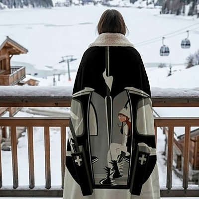 Woman seen from behind on the terrace of a mountain chalet, wrapped in a soft, thick plaid blanket.