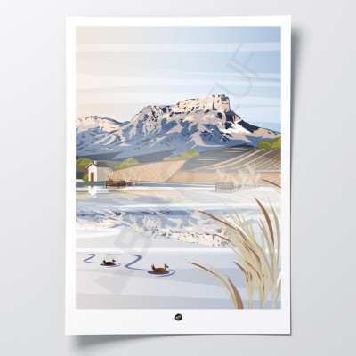 Wandposter von Savoyen zwischen Weinbergen, See und dem Berg Granier, in hellen Farben zur Dekoration