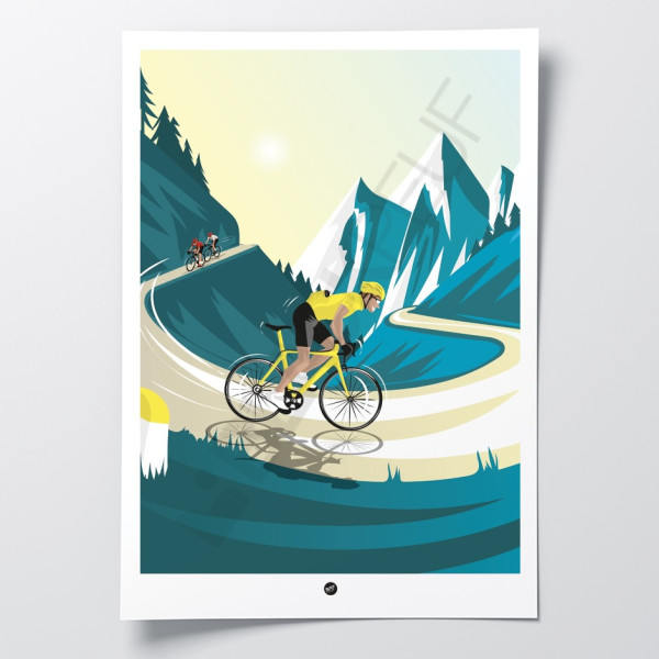 Poster da parete di un ciclista su una curva di montagna, decorato con colori sportivi blu e giallo