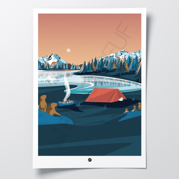 Affiche murale d’un camp de marmottes la nuit près d’une tente aux tons bleu et orange pour décoration
