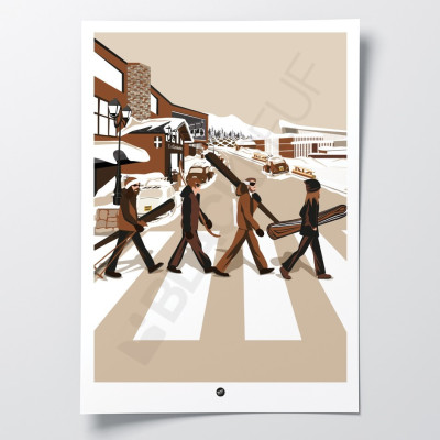 Back on the street, wall poster with skiers walking on the street and hand skiing, white and brown for decoration.