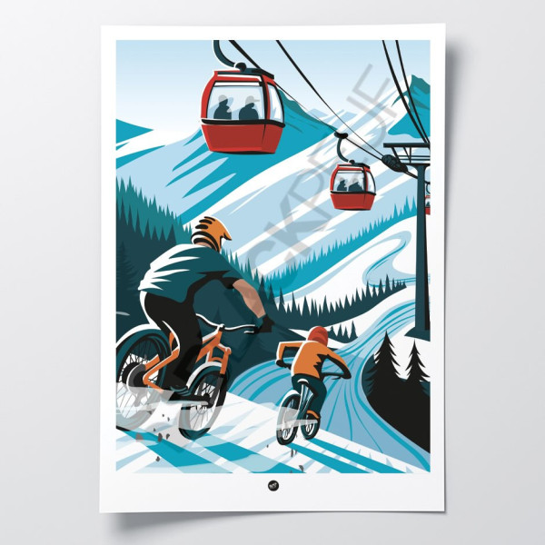 Poster da parete per mountain bike blu, arancione e rosso per le seggiovie in montagna