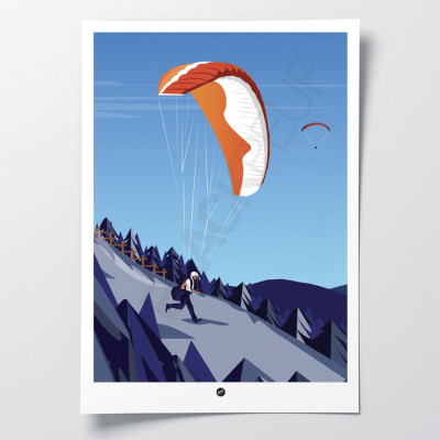 Wall poster of a paragliding take-off, in blue and orange, for decoration