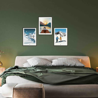 Wall poster of a couple of runners in the middle of a white and blue lake and mountain for decoration