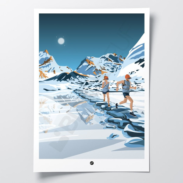 Wall poster of a couple of runners in the middle of a white and blue lake and mountain for decoration