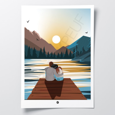 Wall poster of a couple in love on a pontoon by a lake at sunset for decoration