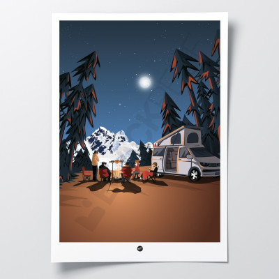 Wall poster of a campsite by the fire in shades of brown, orange and dark blue, for decoration