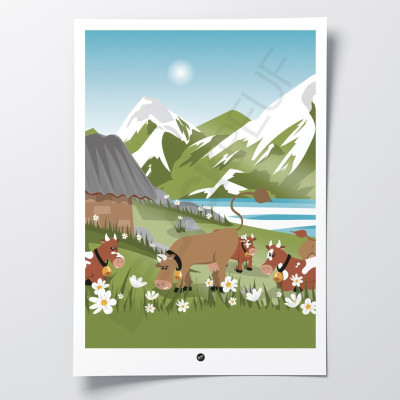 Affiche murale d’une vache dans un champ de marguerites aux tons verts, marron et bleu, pour la décoration