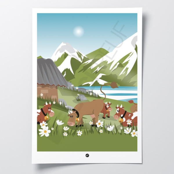 Wall hanging of a cow in a field of daisies in shades of green, brown and blue, for decoration