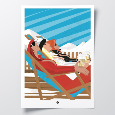 Rot-blaues Wandposter der Alpenmädchen nach der Skigebietsterrasse zur Dekoration.