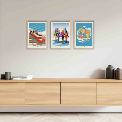 Affiche murale les filles des alpes rouge et bleu après ski terrasse station pour la décoration.