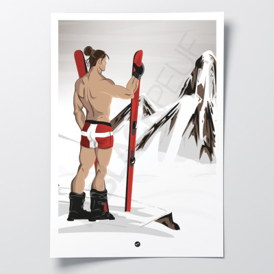 Affiche murale vue du ciel homme en caleçon de Savoie dans la neige blanc et rouge pour la décoration.