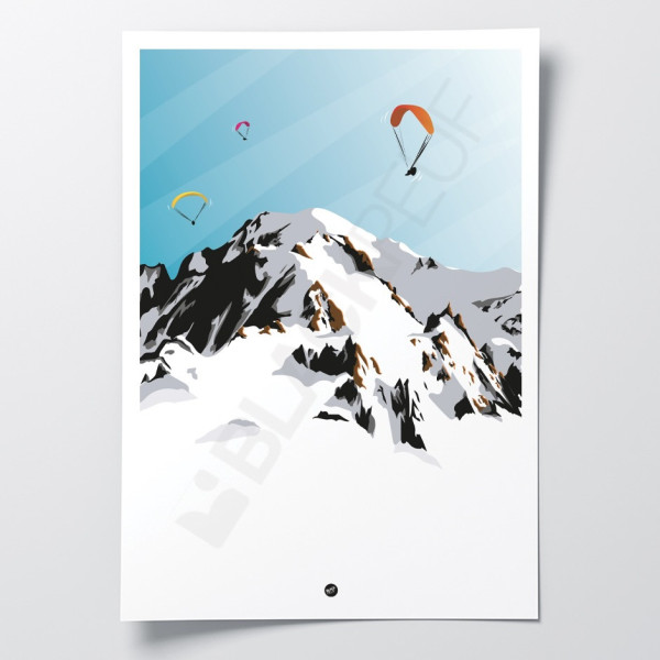 Poster da parete di parapendio sul Monte Bianco con neve bianca e cielo blu come decorazione