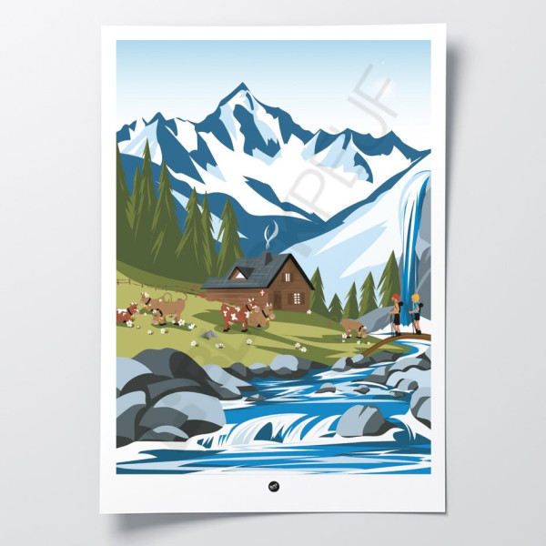Wall poster of a mountain chalet between river and mountain in blue and green for decoration