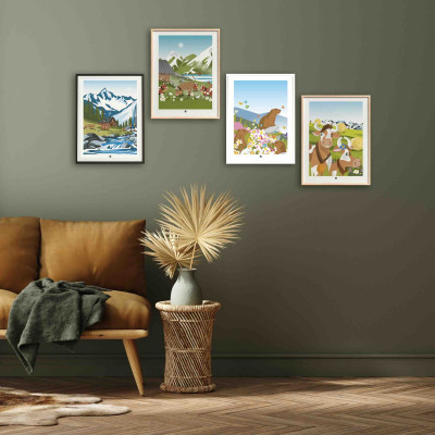 Wall poster of a mountain chalet between river and mountain in blue and green for decoration