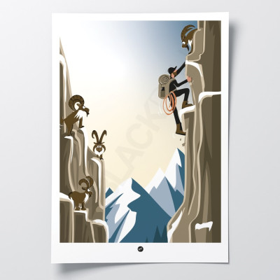 Ibex in the mountains wall poster, climbing scene in blue, brown and grey tones for decoration