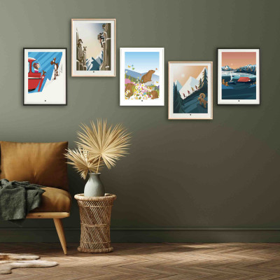 Ibex in the mountains wall poster, climbing scene in blue, brown and grey tones for decoration