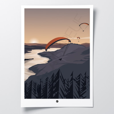 Affiche murale d’un vol en parapente avec coucher de soleil aux tons noir et orange pour la décoration
