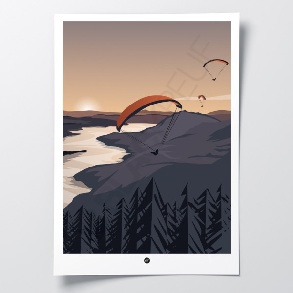 Wandposter eines Gleitschirmflugs mit Sonnenuntergang in Schwarz- und Orangetönen zur Dekoration