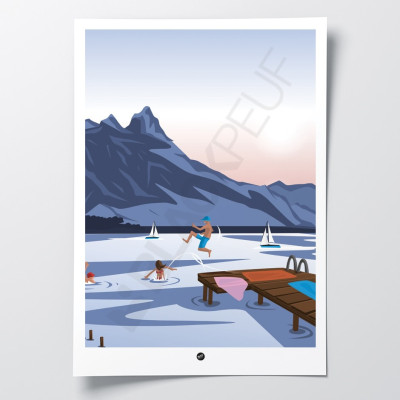 Wall poster of a jump from a pontoon into a lake in blue, brown and purple for decoration