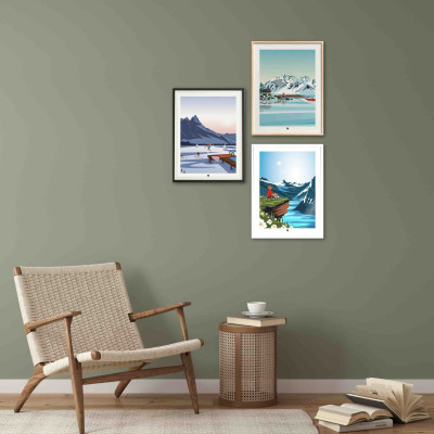 Wall poster of a jump from a pontoon into a lake in blue, brown and purple for decoration